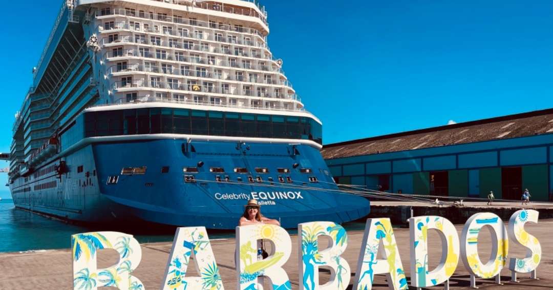 Celebrity Equinox cruise ship with Robin and Barbados sign in front